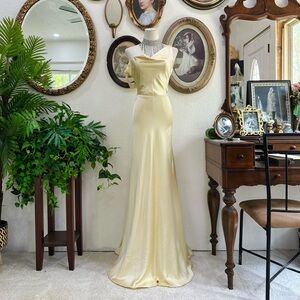 Meshki Pale Yellow Satin Off-Shoulder Evening Gown